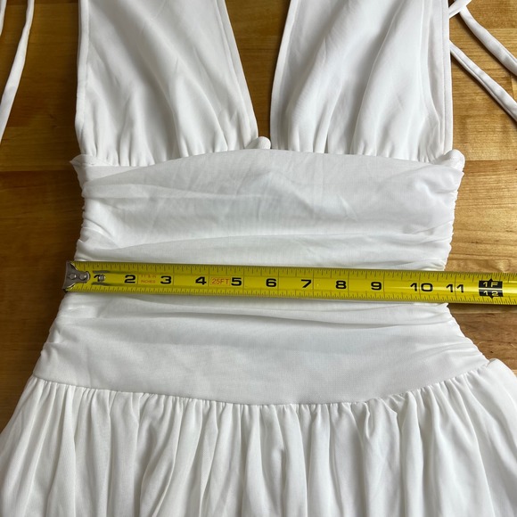 Lulus Luisella White Ruched Deep V Mesh Tiered Tie Shoulder Mini Dress Size XS - Picture 7 of 8